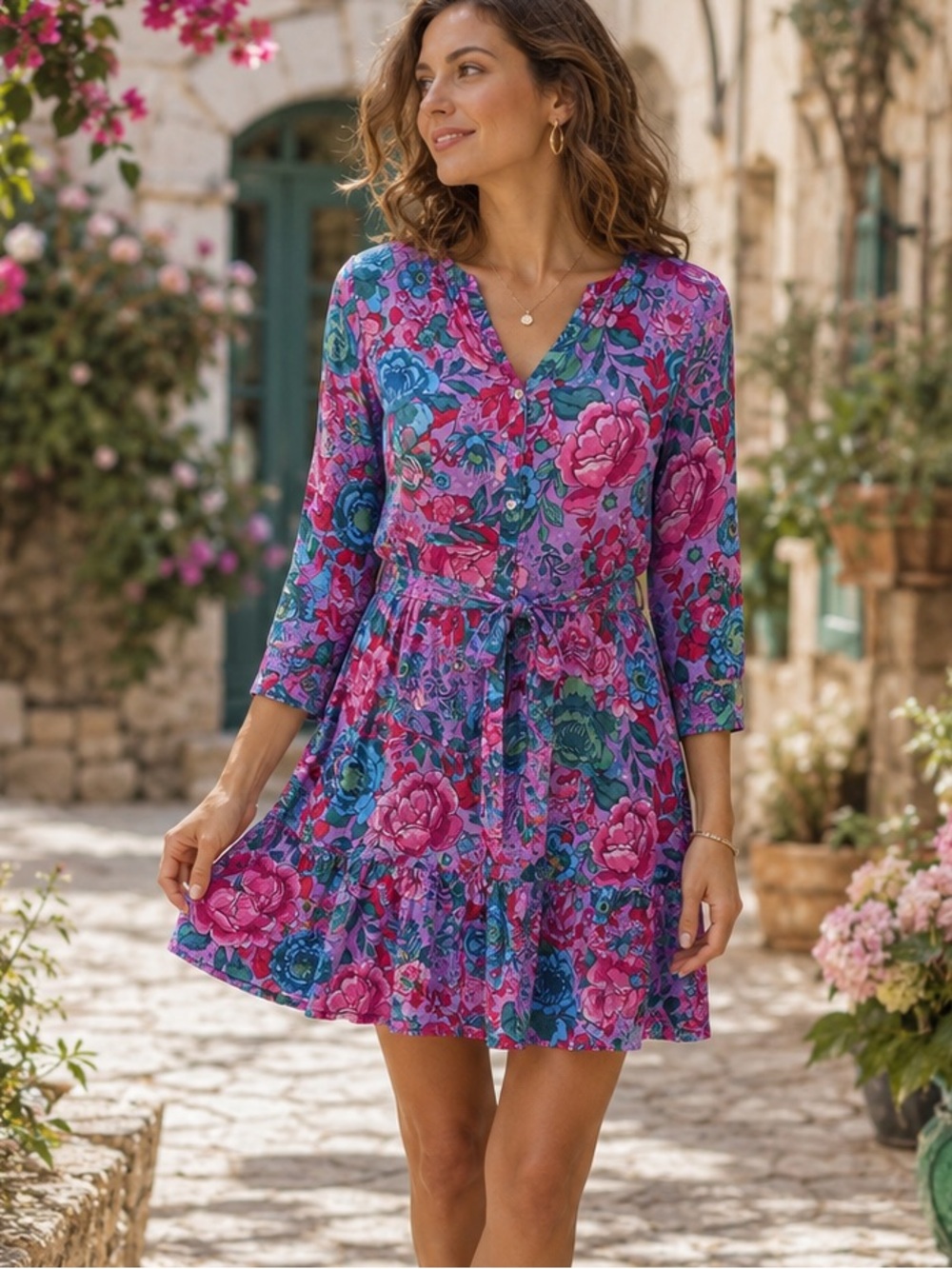 Talbots Petite Pink Purple Floral Cotton Fit Flare Shirt Dress 2P Belted 3/4 Slv